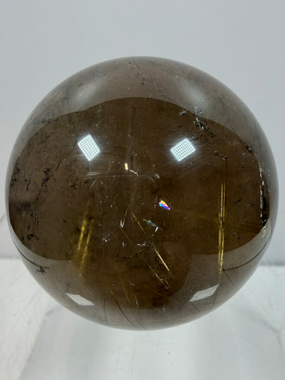 Rutile Quartz Sphere. 58mm. Unique Smoky Quartz With Beautiful Golden Rutile Inclusions.