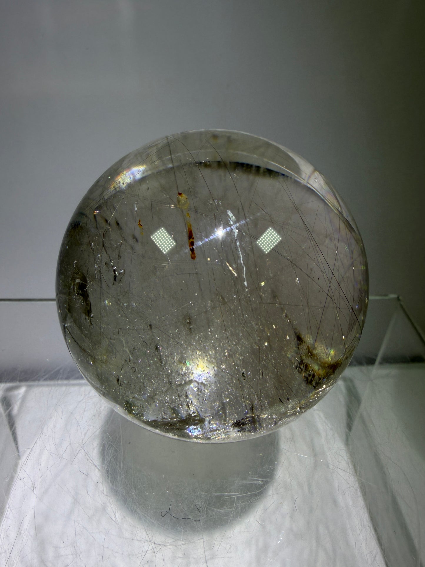 Rutile Quartz Sphere. 51mm. Rare Gold And Silver Rutilated Quartz With Amazing Rainbows.