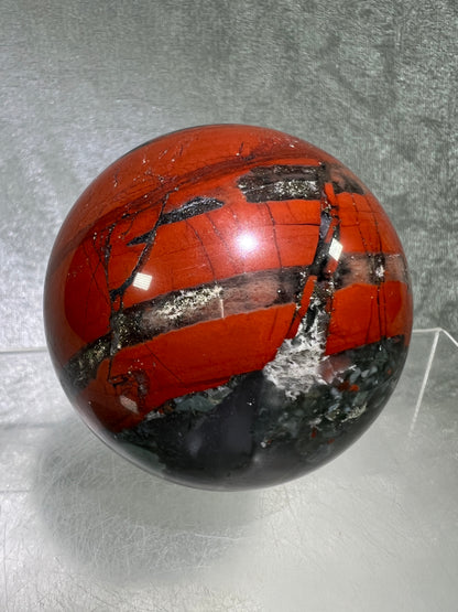 African Bloodstone Sphere From Swaziland. 63mm. Gorgeous Pyrite And Red Jasper Inclusions With Crazy Mosaic Patterns And Colors.