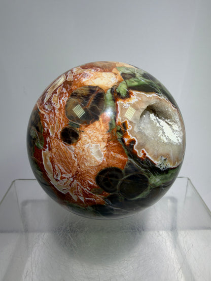 Money Agate Crystal Sphere. 73mm. Very Rare Shades Of Green. Stunning Druzy Indonesian Bloodstone. Amazing Colors And Patterns