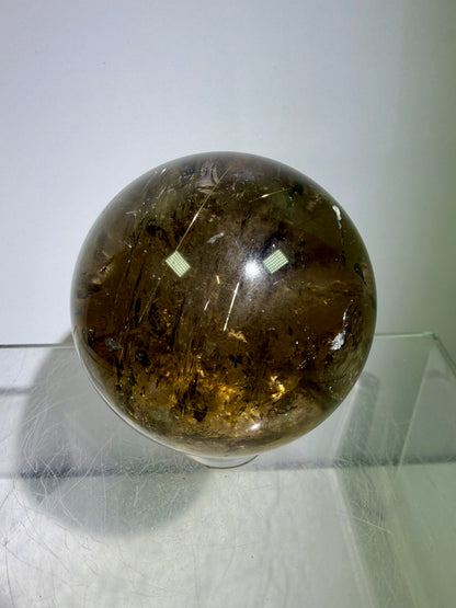 Rutile Quartz Sphere. 47mm. Unique Smoky Quartz With Stunning Golden Rutile Inclusions.
