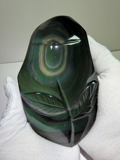 Rainbow Obsidian Freeform. High Quality Carved Flower. Gorgeous One Of A Kind Display Crystal