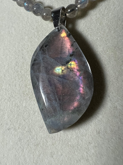 Labradorite Crystal Pendant. Stunning High Quality Jewelry. Custom Made Labradorite Beaded Necklace