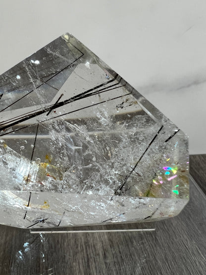 Tourmalinated Quartz Polished Freeform. Amazing Black Tourmaline, Golden Healer, And Large Rainbows.
