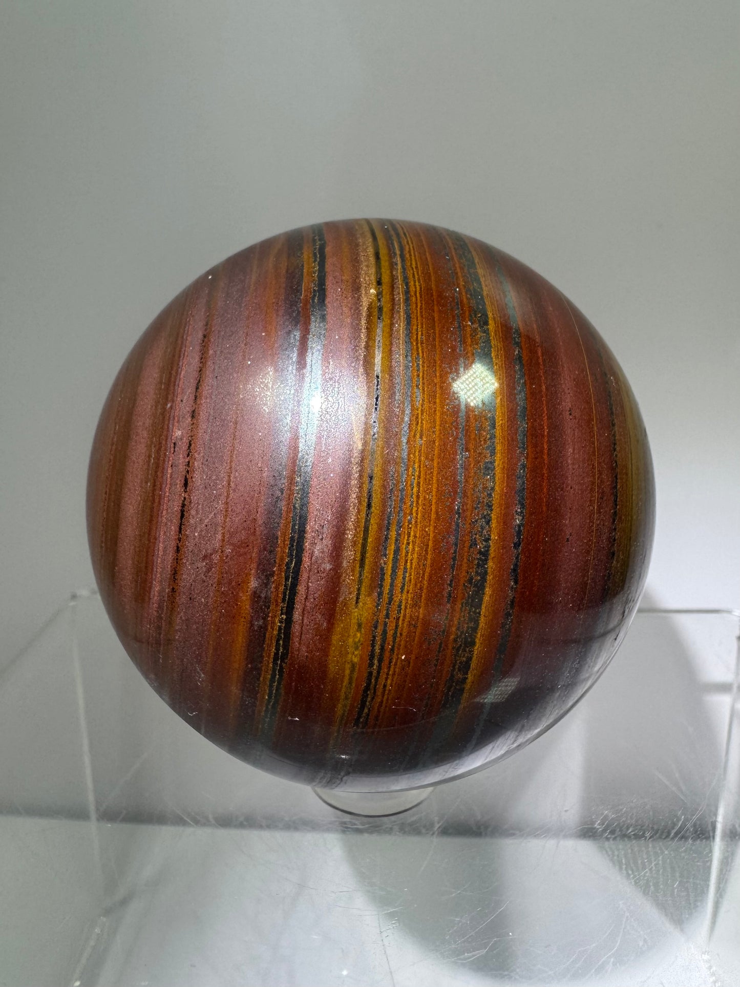 Tiger Iron Crystal Sphere. 61mm. Rare High Quality Display Sphere With Amazing Flash. Very Unique Dark Colors