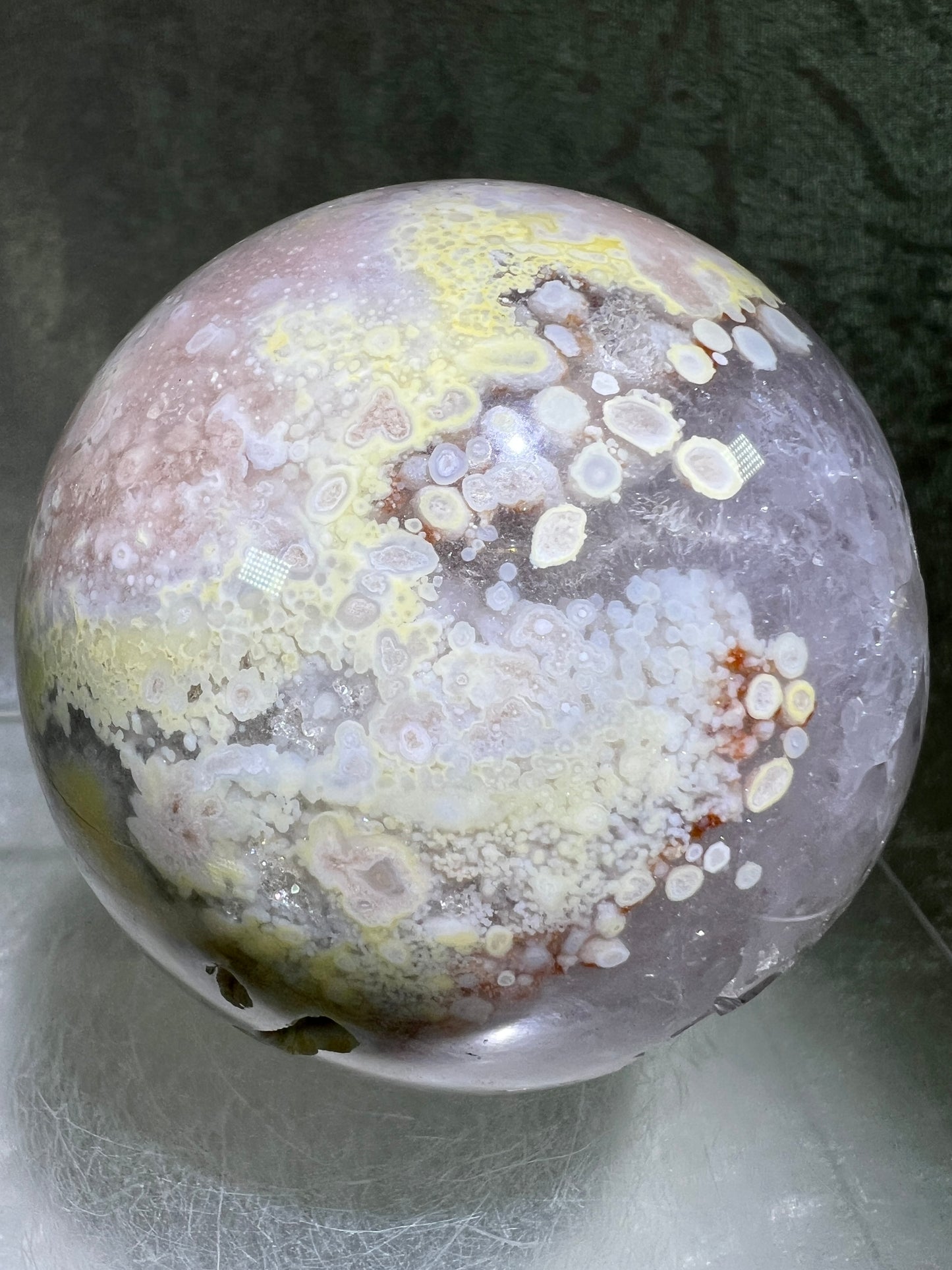 Flower Agate Sphere. 82mm. Stunning Druzy On This Large Centerpiece. Gorgeous One Of A Kind Display Sphere.
