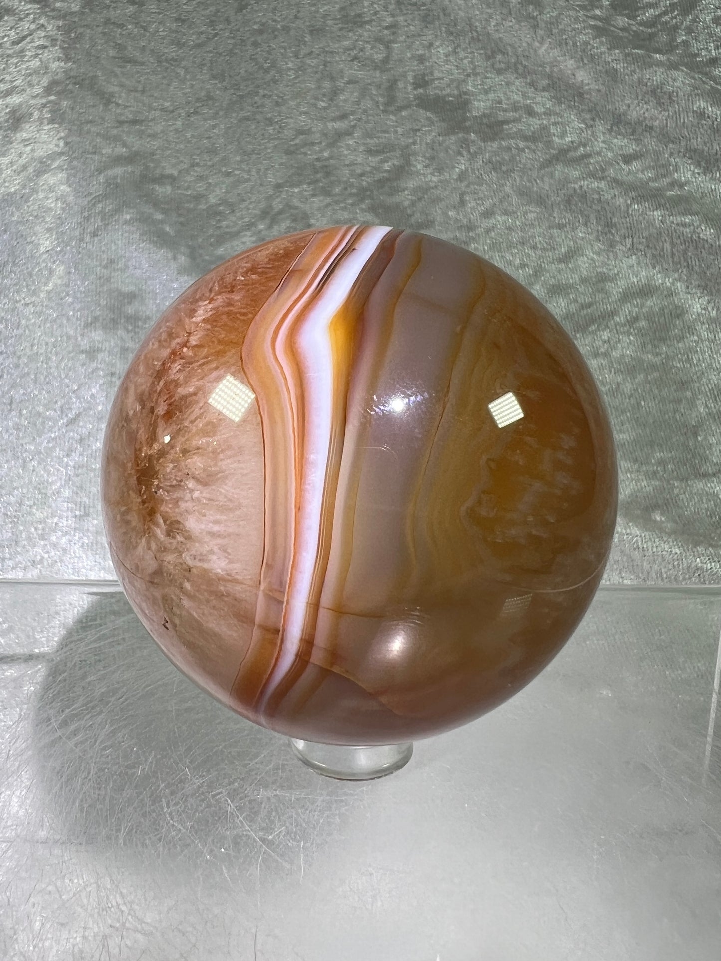 Carnelian Agate Sphere. 63mm. Gorgeous High Quality Display Sphere. Incredible Colors And Banding
