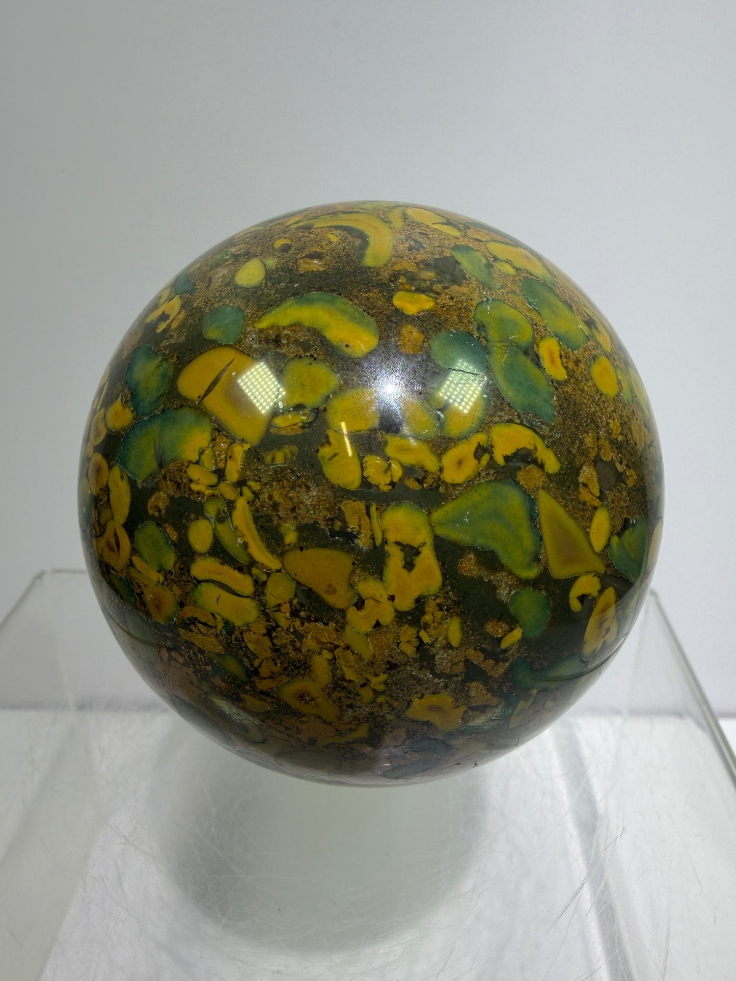 Fruit Jasper Sphere: 68mm Gorgeous Ajooba Jasper Sphere From India. High Quality Colorful Crystal