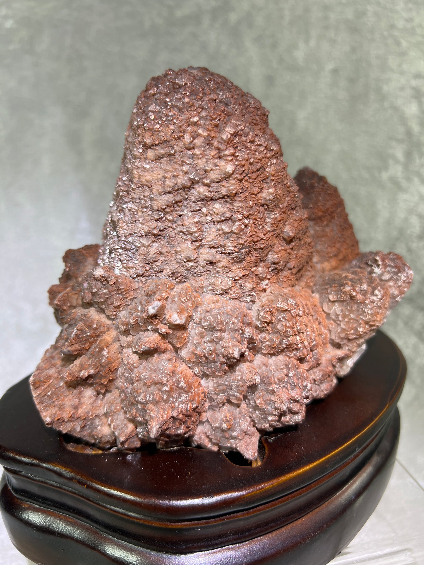 Red Pagoda Calcite With Hematite Inclusions. 5.3 lbs. Stunning Large Flashy Calcite Display Specimen. Includes Custom Wooden Stand