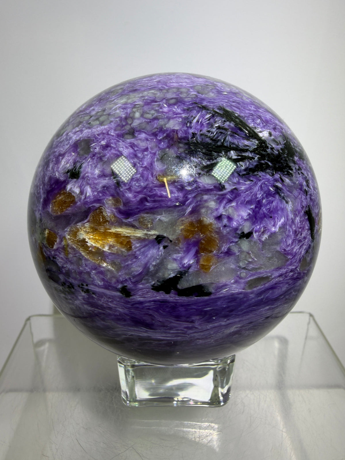 Charoite Crystal Sphere. 79mm. XL High Quality Stunning Crystal. Amazing Patterns And Flash. Gorgeous UV Reaction.