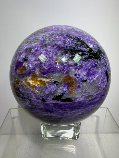 Charoite Crystal Sphere. 79mm. XL High Quality Stunning Crystal. Amazing Patterns And Flash. Gorgeous UV Reaction.