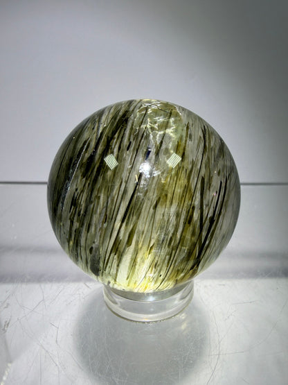 Green Tourmaline Quartz Sphere. Incredible Green Rutile Sphere. Tourmalinated Quartz Display Crystal