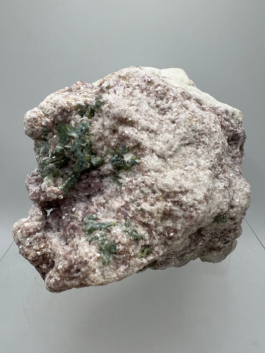 Lepidolite and Green Tourmaline Specimen. Gorgeous Mineral Cluster From Brazil. Lots Of Flash And Crystallization. Beautiful Color Contrasts.