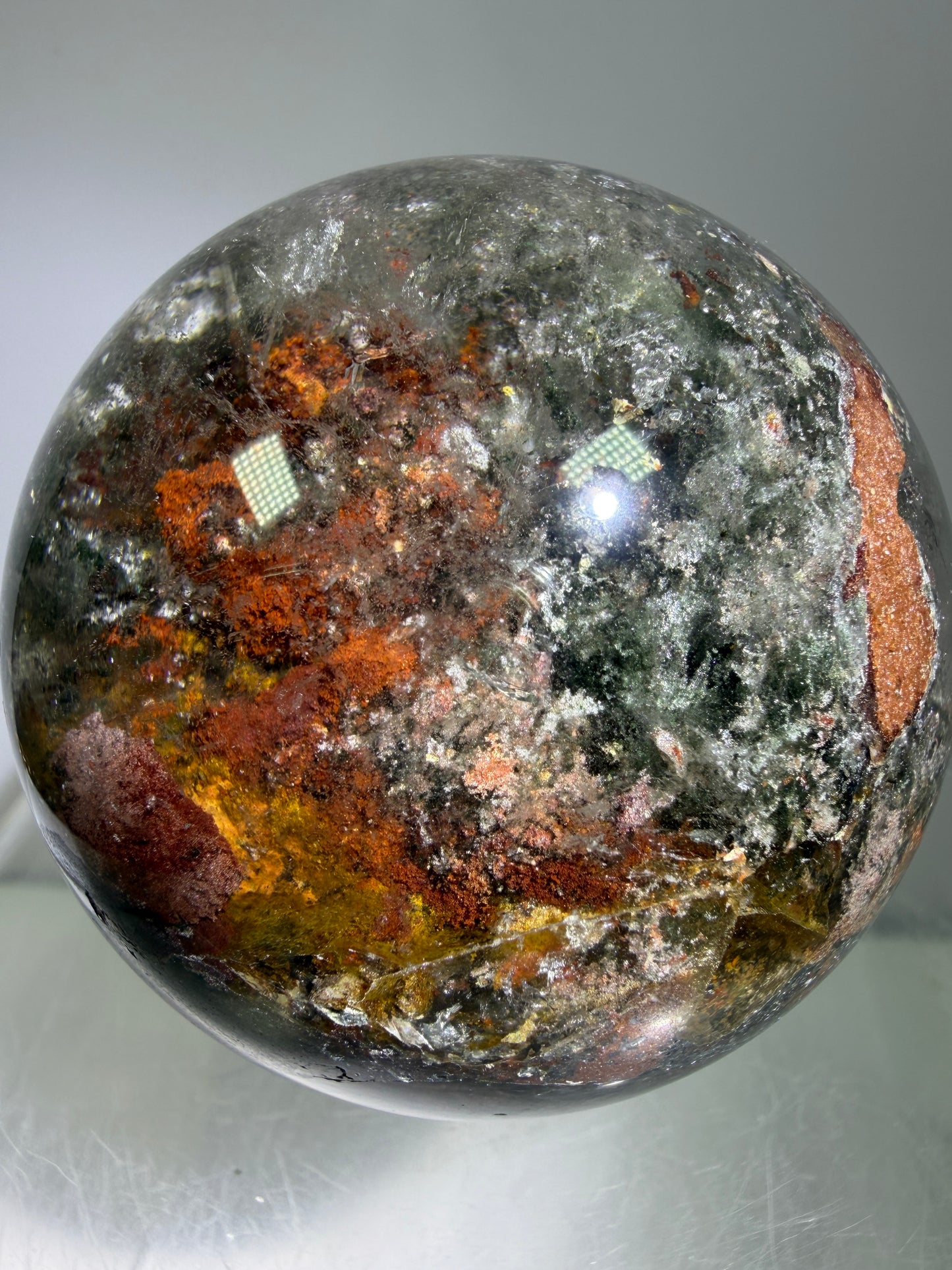 Garden Quartz Lodolite Sphere. 57mm. Orange And Red Colorful Landscape. High Quality With Rare Colors!