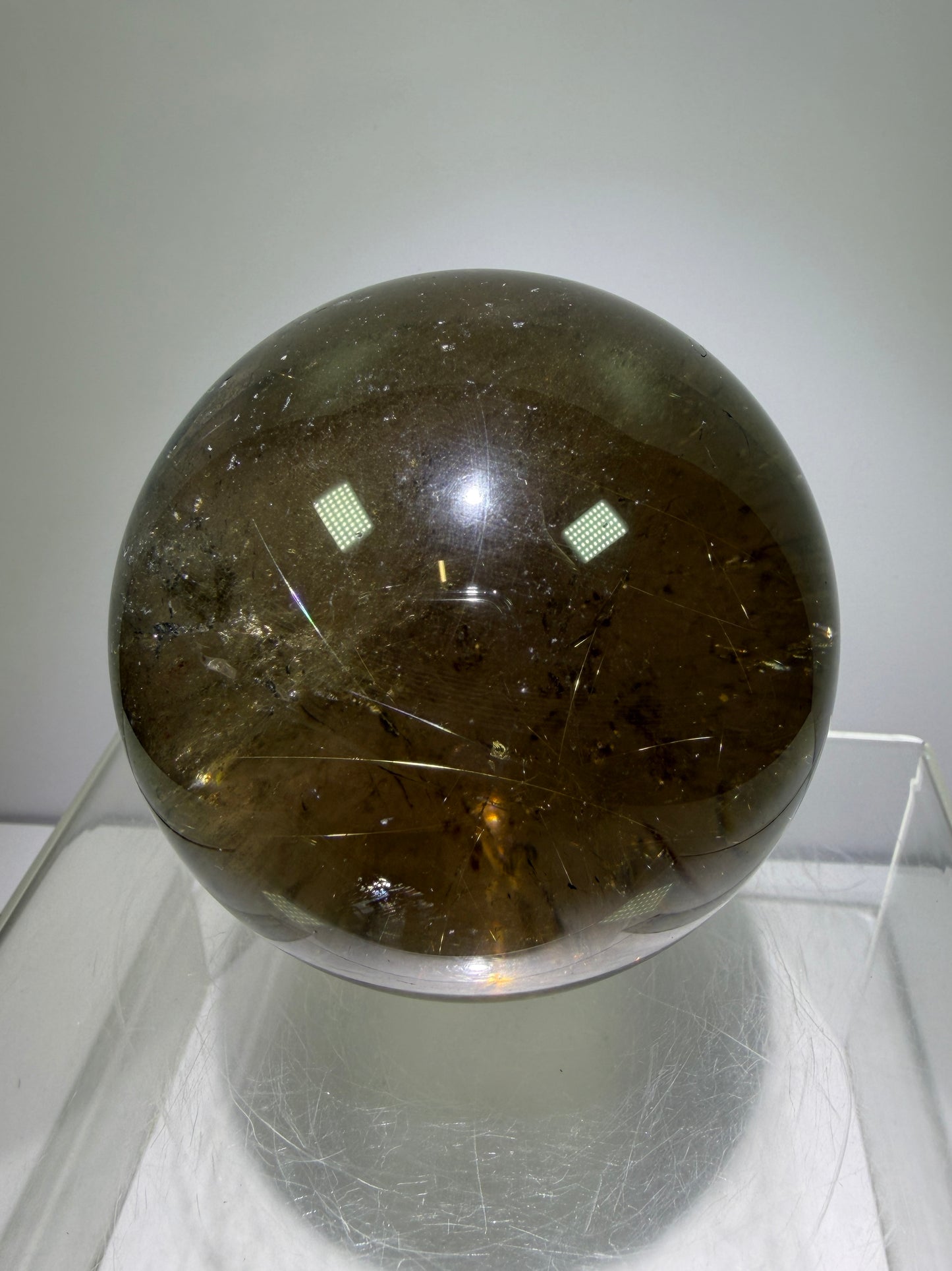 Rutile Quartz Sphere. 70mm. Large Smoky Quartz With Rare Golden Rutile Inclusions. Nice Quality Display