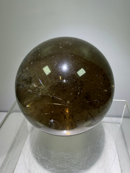 Rutile Quartz Sphere. 70mm. Large Smoky Quartz With Rare Golden Rutile Inclusions. Nice Quality Display