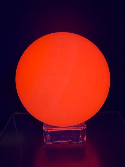 Mangano Calcite Sphere. 70mm. Very Intense Orange UV Reaction. Large High Quality Display Crystal.