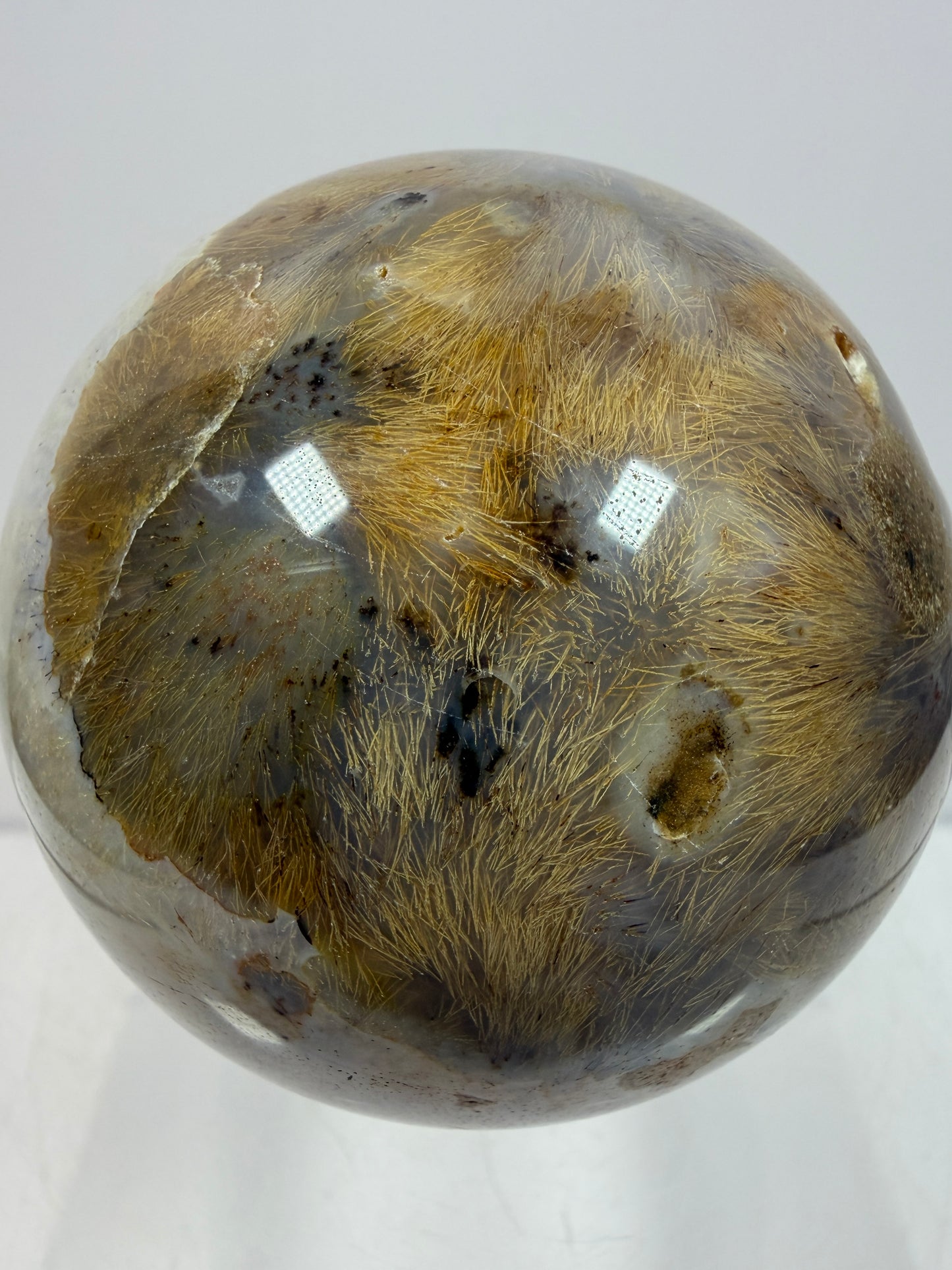 Sagenite Crystal Sphere. 61mm. Incredible Sagenite Plumes With Dendritic Agate. Rare And Unique Crystal Display Sphere