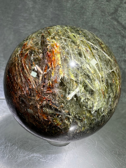 Tourmalinated Quartz Sphere. 57mm. Gorgeous Green And Red Tourmaline Inclusions. High Quality Rare Display Sphere.