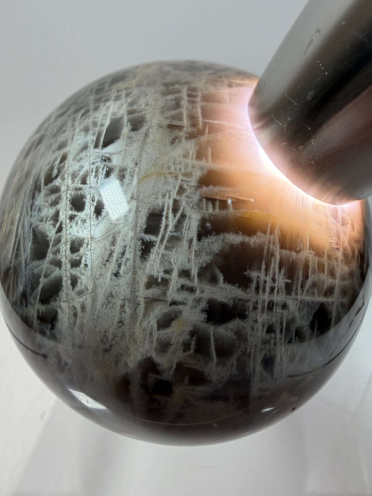Black Moonstone Crystal Sphere. 66mm. Stunning Bright Silver Flash. High Quality Display Sphere