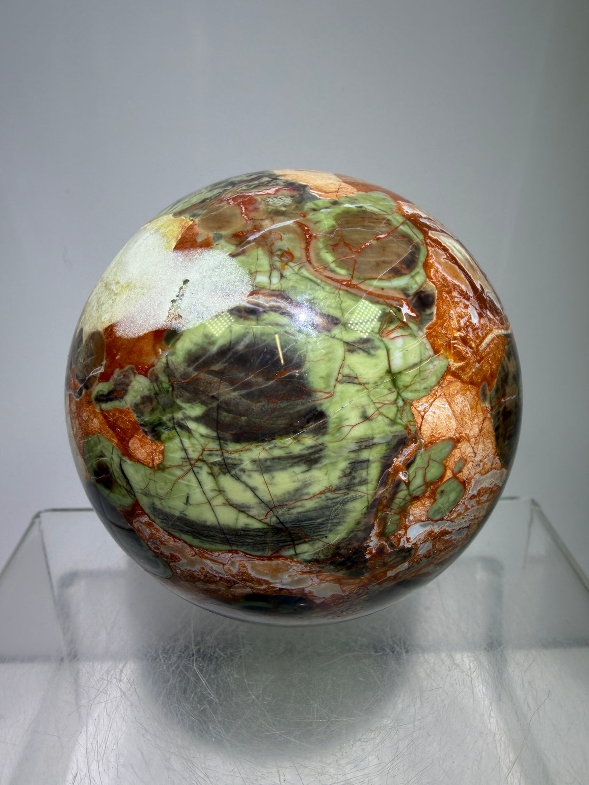 Money Agate Crystal Sphere. 73mm. Very Rare Shades Of Green. Stunning Druzy Indonesian Bloodstone. Amazing Colors And Patterns