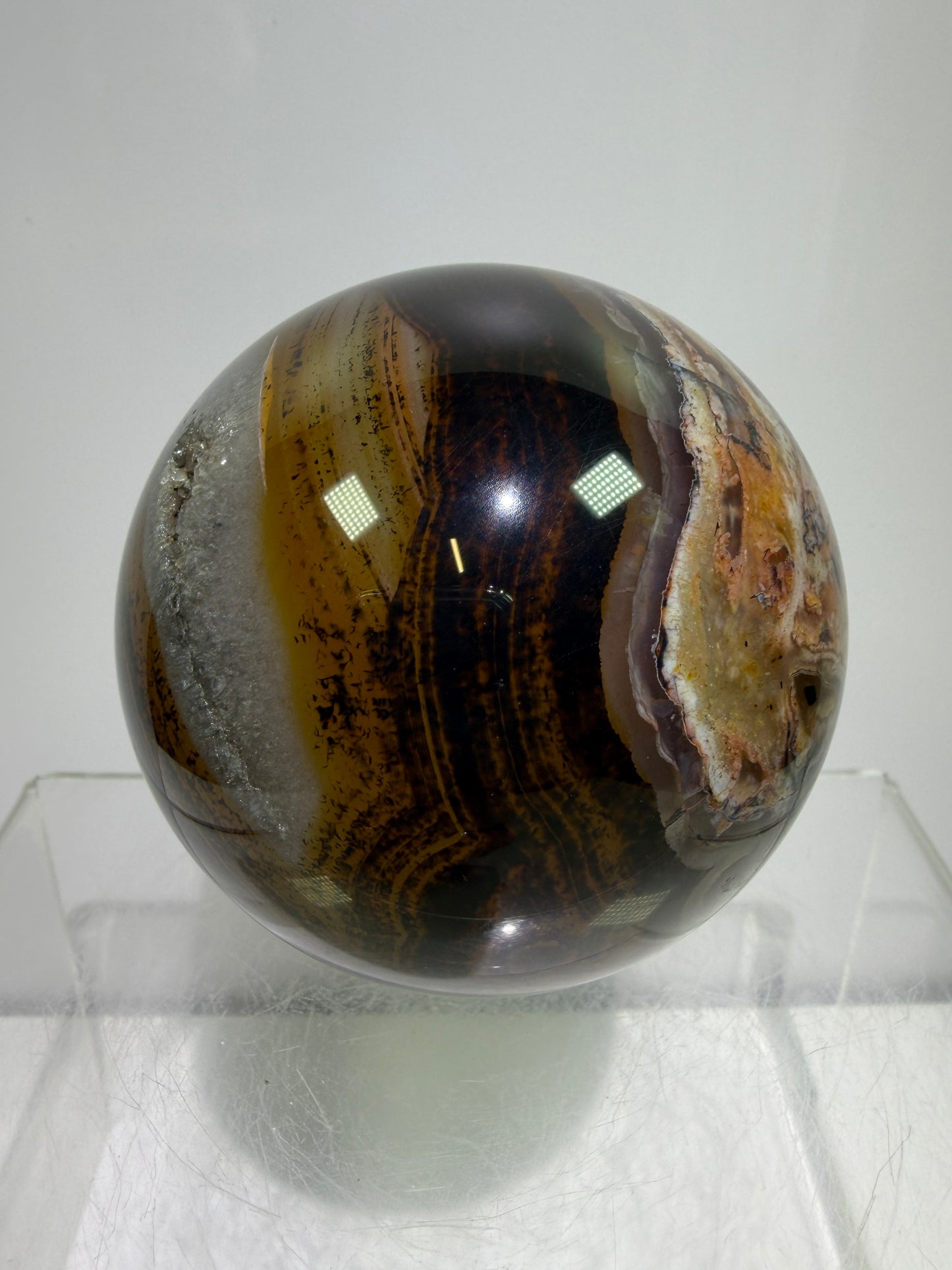 Silk Agate Sphere. 66mm. Druzy Banded Agate From Madagascar. Stunning Colors And Patterns On This Display Sphere.