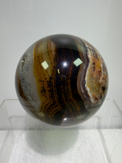 Silk Agate Sphere. 66mm. Druzy Banded Agate From Madagascar. Stunning Colors And Patterns On This Display Sphere.
