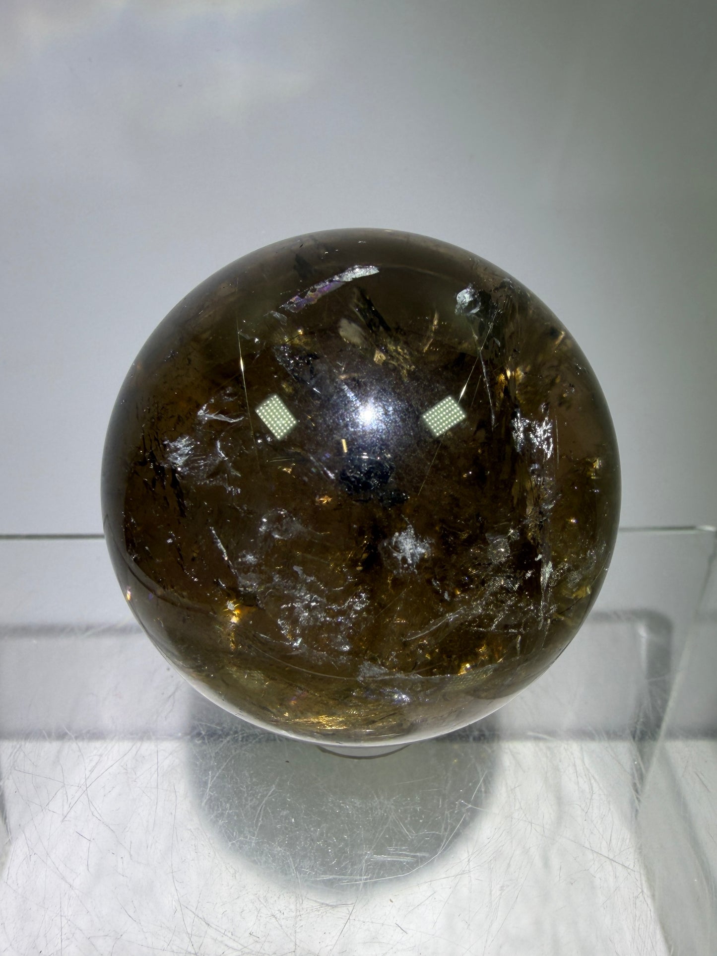 Rutile Quartz Sphere. 47mm. Unique Smoky Quartz With Stunning Golden Rutile Inclusions.