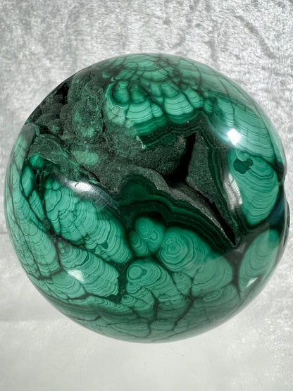 Malachite Crystal Sphere. 78mm. Incredible Large Druzy Malachite. Very High Quality Rare Display Sphere. Show Stopper!