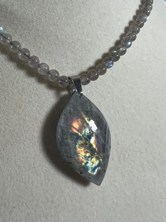 Labradorite Crystal Pendant. Stunning High Quality Jewelry. Custom Made Labradorite Beaded Necklace