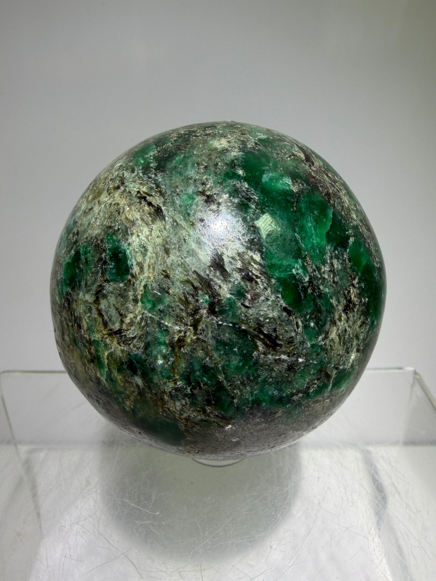 Emerald Mica In Matrix Crystal Sphere. 64mm. Gorgeous Chrome Muscovite From Zimbabwe. Amazing One Of A Kind Rare Display Crystal