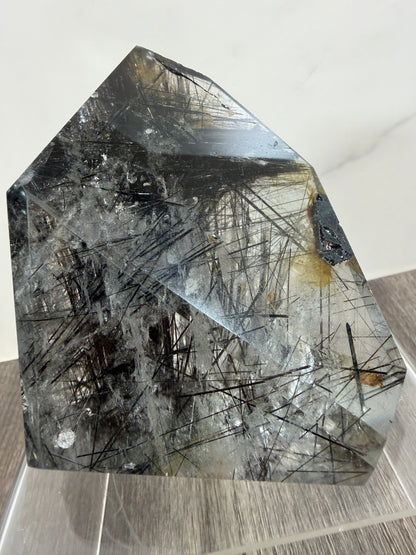 Tourmalinated Quartz Polished Freeform. Rare Large Black Tourmaline And Golden Healer.