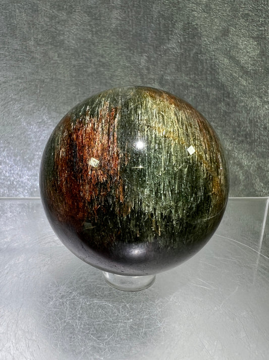 Tourmalinated Quartz Sphere. 52mm. Gorgeous Red And Green Tourmaline Inclusions. Rare And Unique Display Sphere.