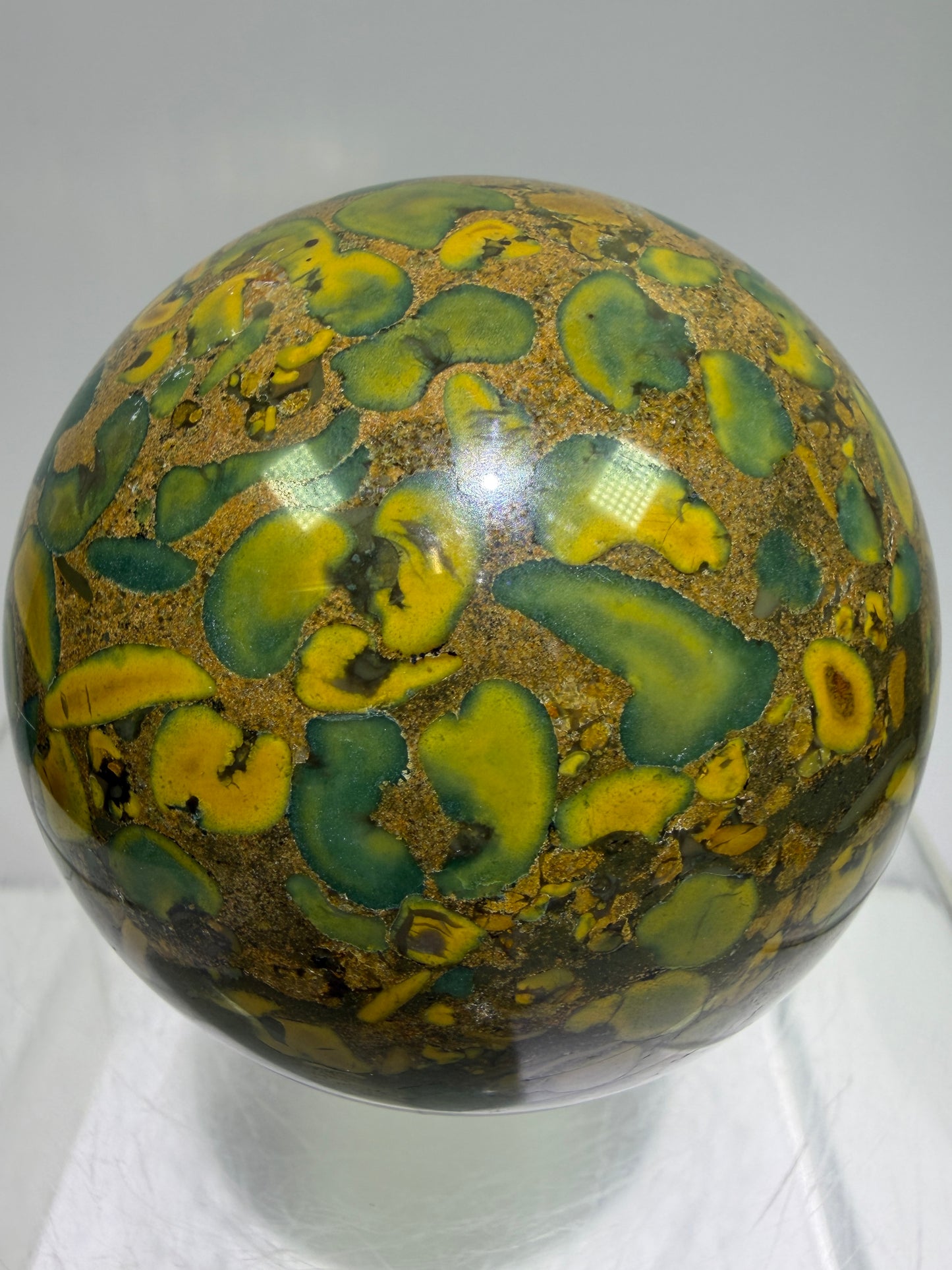 Fruit Jasper Sphere: 68mm Gorgeous Ajooba Jasper Sphere From India. High Quality Colorful Crystal