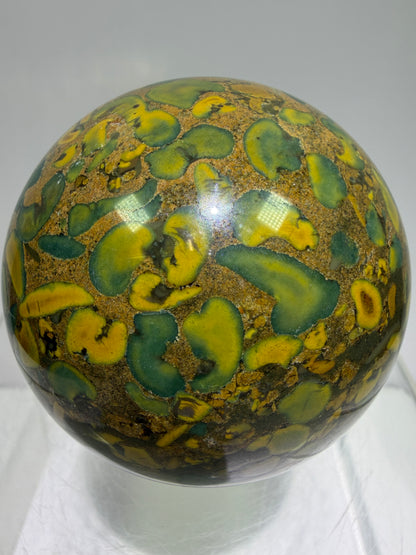 Fruit Jasper Sphere: 68mm Gorgeous Ajooba Jasper Sphere From India. High Quality Colorful Crystal