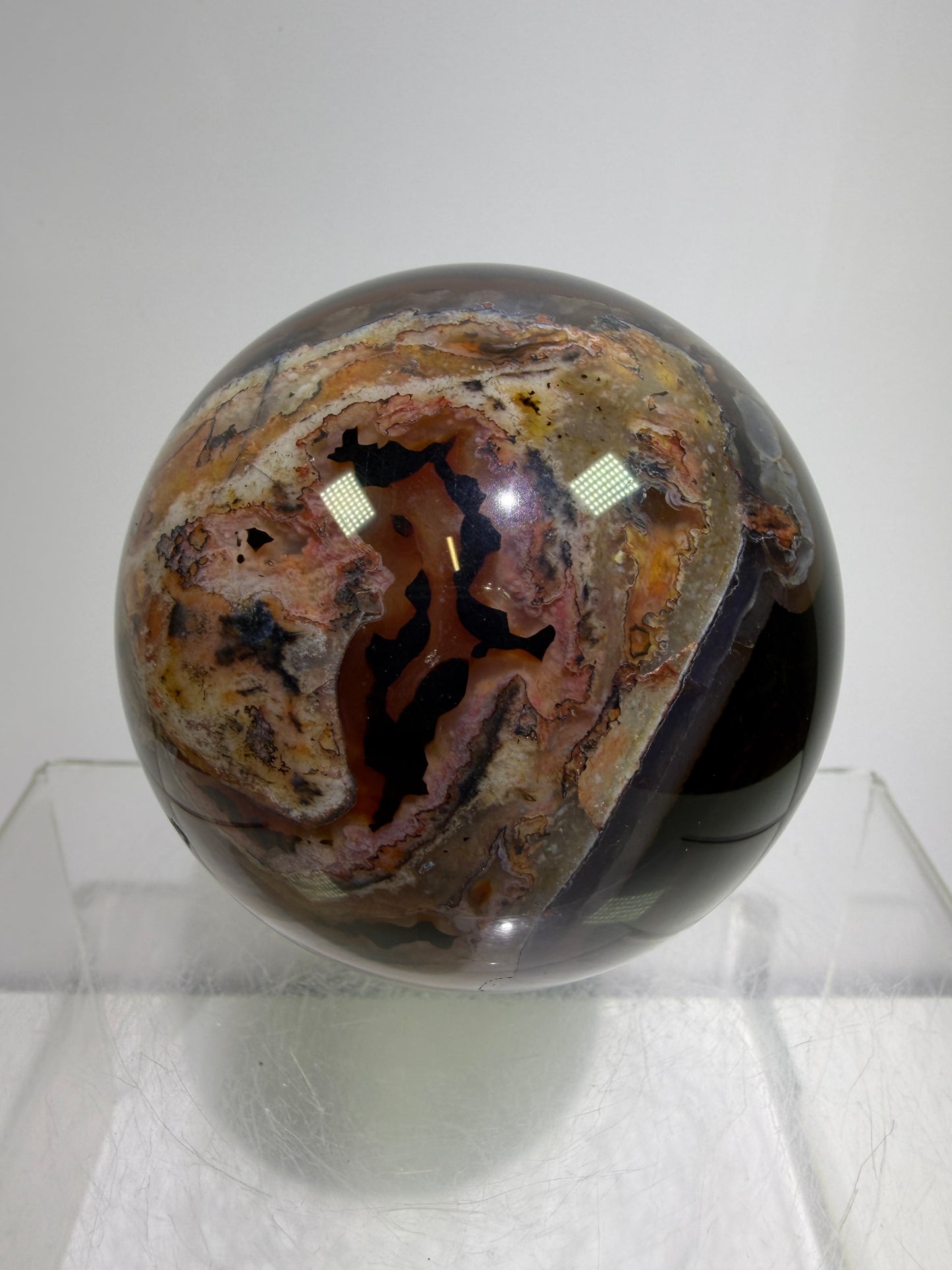 Silk Agate Sphere. 66mm. Druzy Banded Agate From Madagascar. Stunning Colors And Patterns On This Display Sphere.