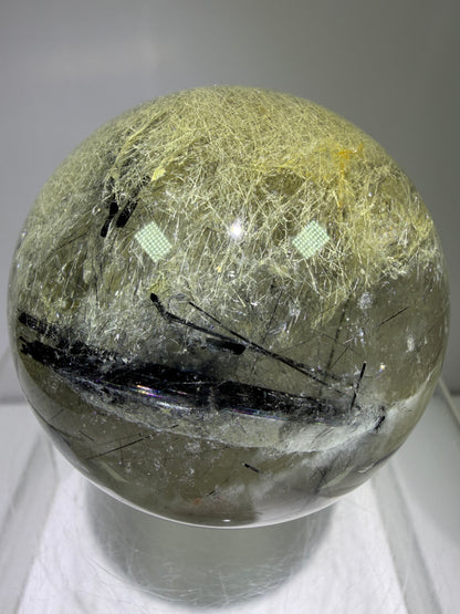 Black Tourmaline And Rabbit Hair Quartz Sphere. 70mm. Stunning Rabbit Hair Rutile With Black Tourmaline Inclusions. Very Rare Display Sphere.