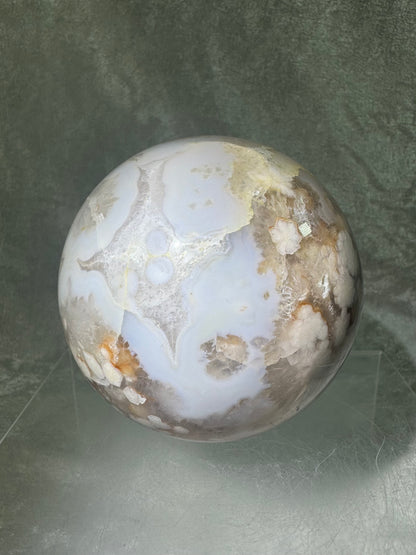 Flower Agate Sphere. 90mm. Beautiful Druzy On This Large Centerpiece. Amazing One Of A Kind Display Sphere.