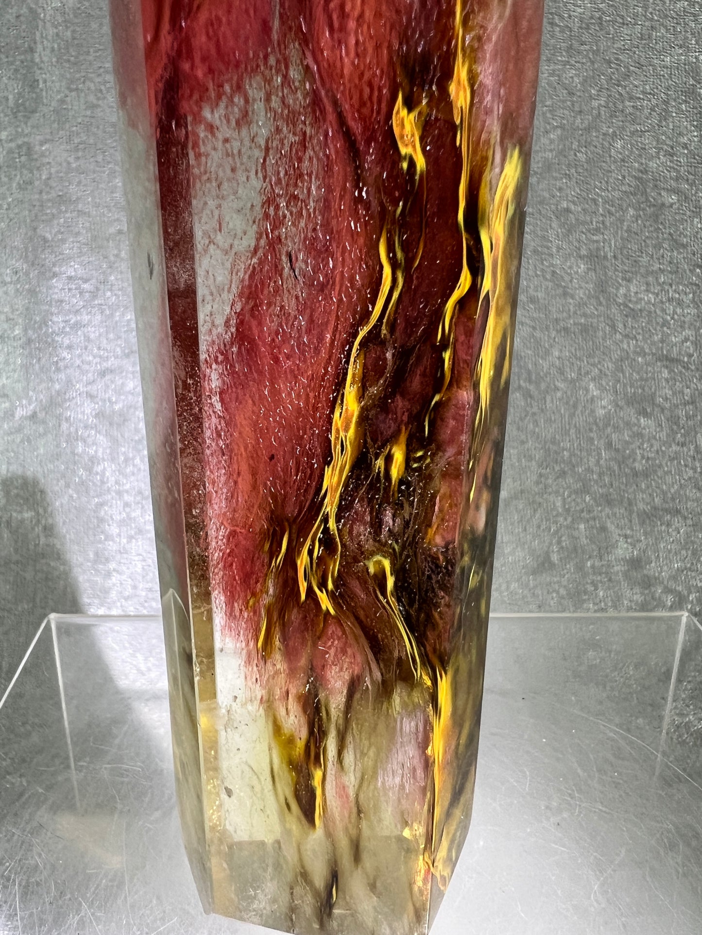 Smelting Quartz Tower. Gorgeous And Large Display Tower. Stunning Colors And Patterns. Incredible Red Tiger Skin Patterns.