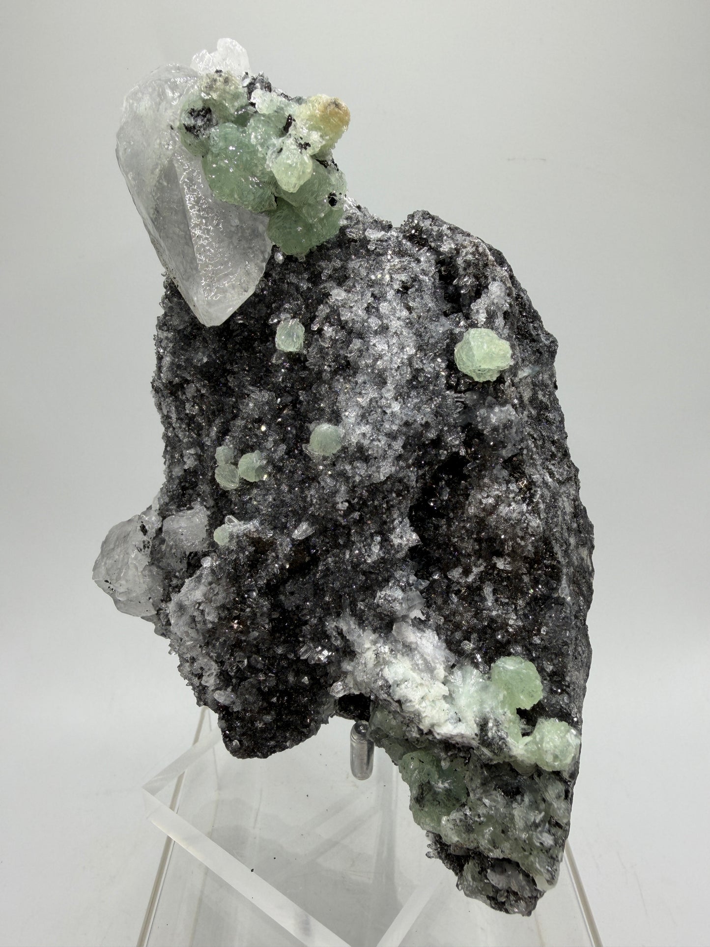 Rare Babingtonite, Prehnite, And Calcite Cluster. High Quality Mineral Specimen From Sichuan Province China. Amazing Rare Display Crystal.