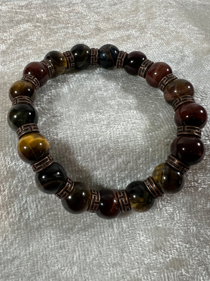 Tigers Eye Crystal Bead Bracelet. Beautiful Red, Blue, And Gold Tigers Eye Bracelet. 10mm. Amazing Bronze Color Spacers.