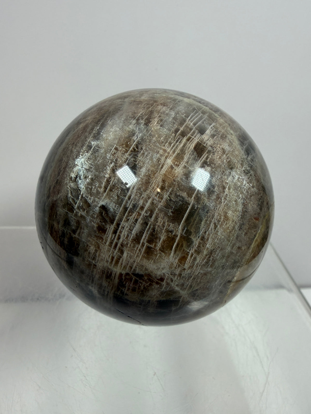 Black Moonstone Crystal Sphere. 55mm. Stunning Bright Silver Flash. High Quality Display Sphere