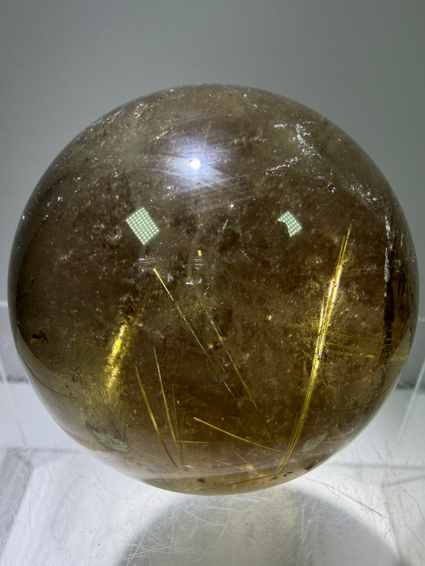 Rutile Quartz Sphere. 58mm. Unique Smoky Quartz With Beautiful Golden Rutile Inclusions.