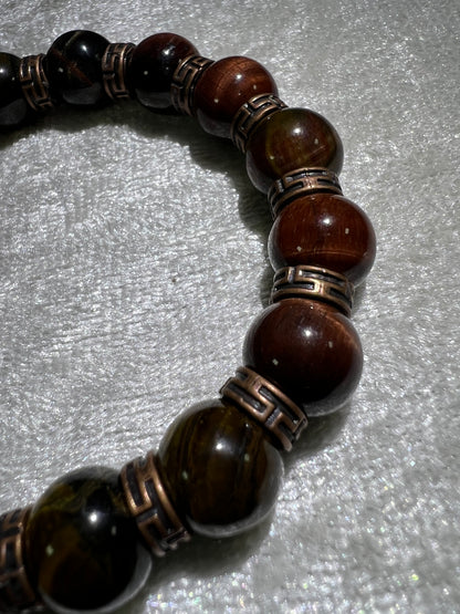 Tigers Eye Crystal Bead Bracelet. Beautiful Red, Blue, And Gold Tigers Eye Bracelet. 10mm. Amazing Bronze Color Spacers.
