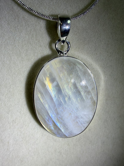 Rainbow Moonstone Crystal Pendant. Beautiful S925 Silver Crystal Jewelry. Amazing Colors With Great Flash!