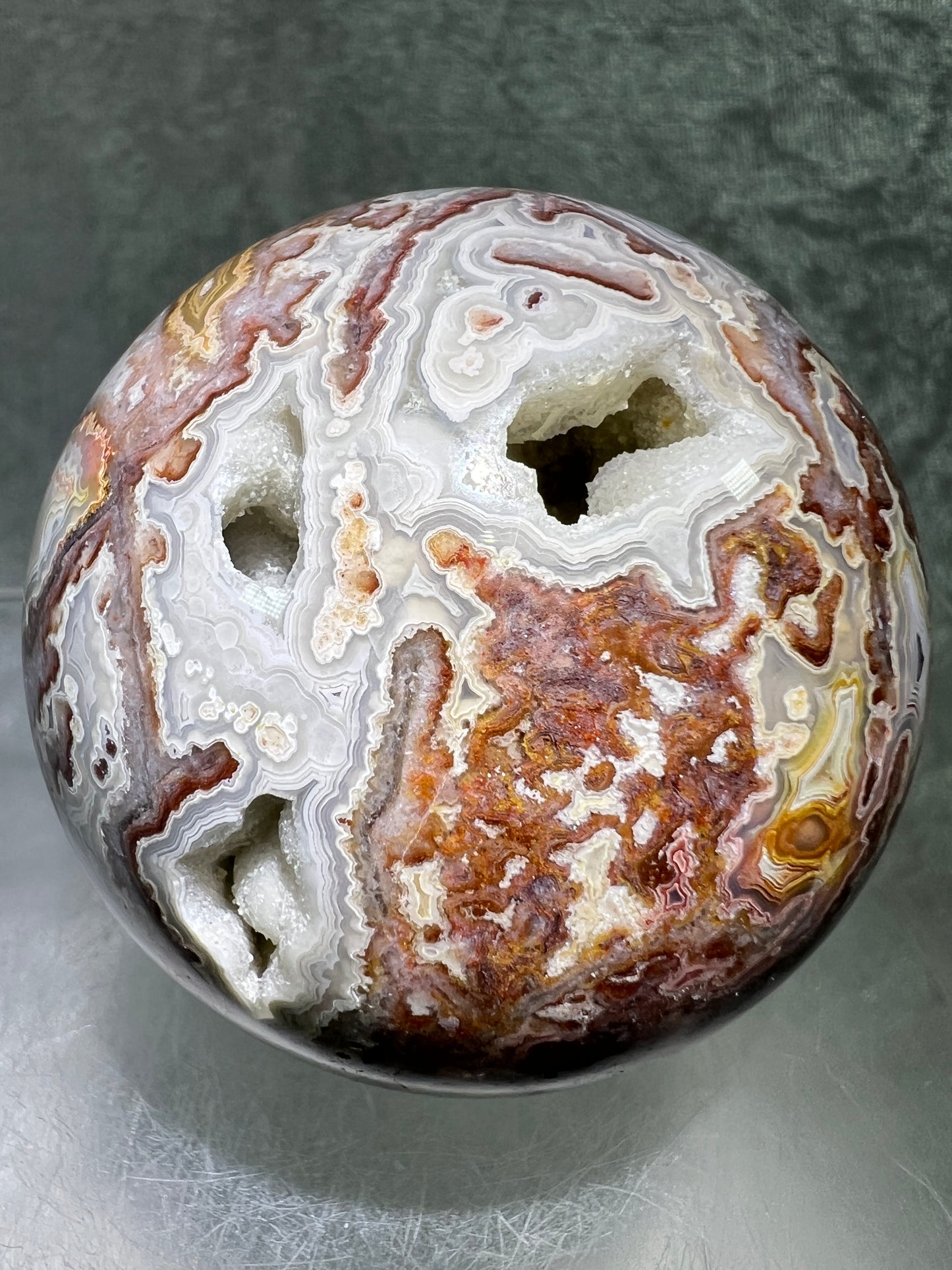 Mexican Crazy Lace Agate Sphere. Gorgeous High Quality With Amazing Druzy And Patterns. Rare Shades Of Pink.