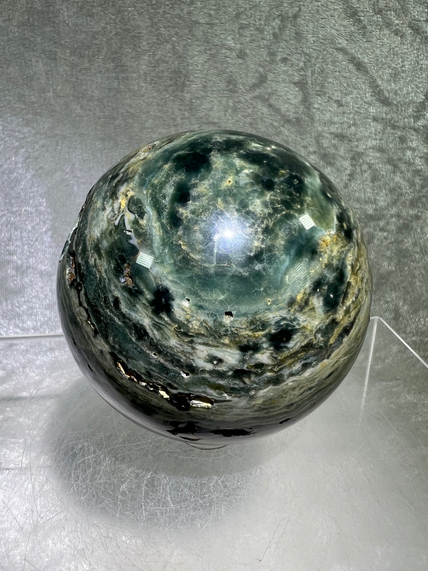 Ocean Jasper Sphere. 69mm. Very Cool Green Druzy. Stunning And Unique Display Sphere.