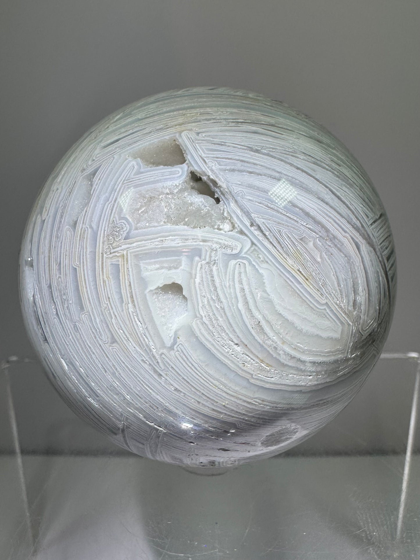 White Mexican Crazy Lace Sphere. 66mm. Beautiful Mexican Agate Sphere. Incredible Druzy And Banding.