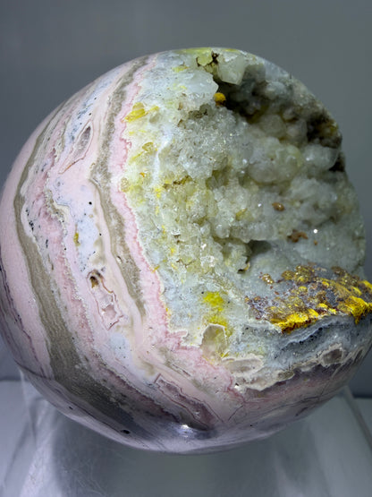 Rhodochrosite Crystal Sphere. 92mm. XL Rare Druzy Display Sphere. Amazing Druzy And Banding