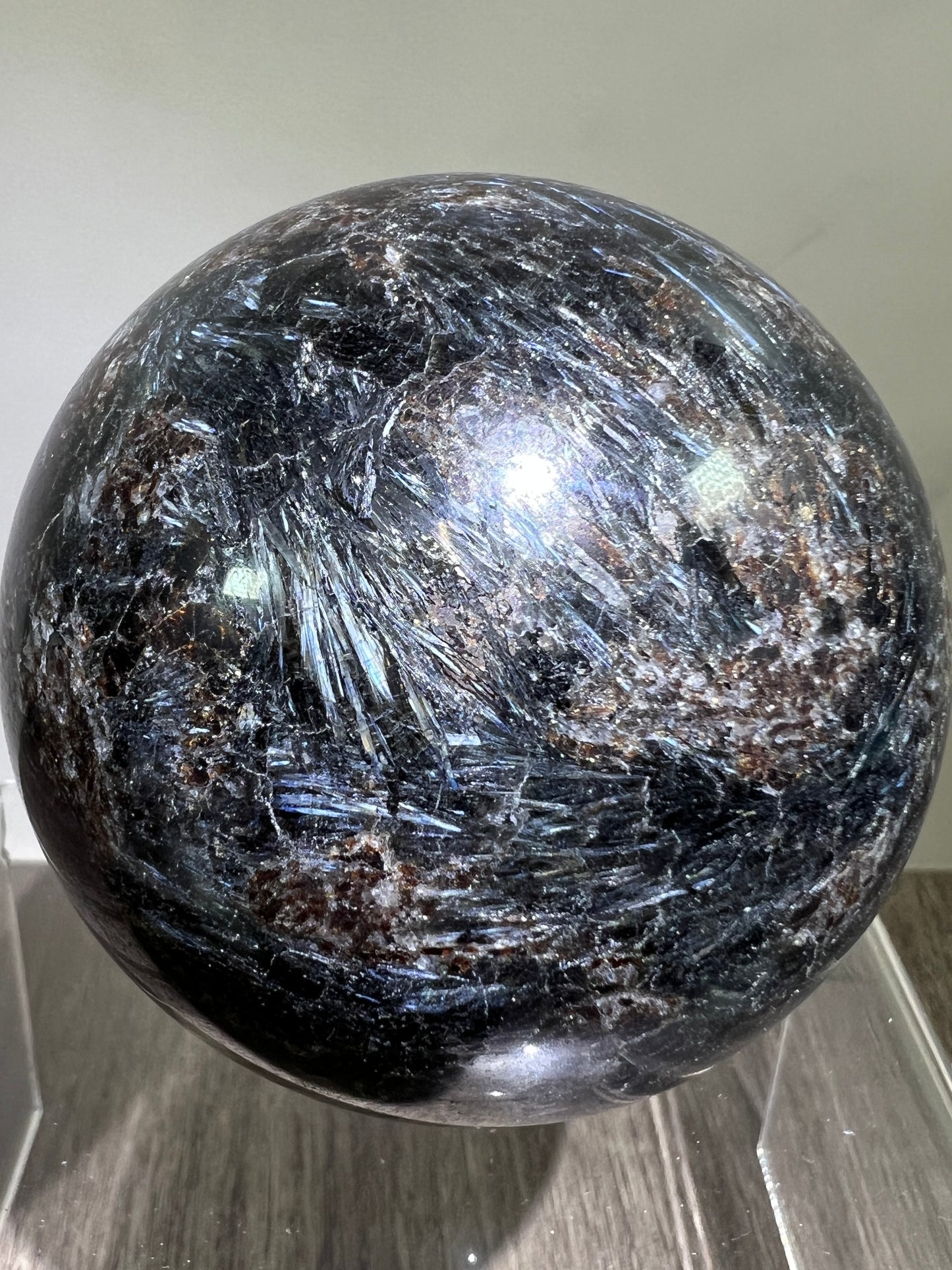 Arfvedsonite Crystal Sphere. 70mm. Flashy Blue Fireworks Jasper Sphere. Large Display Sphere With Great Flash